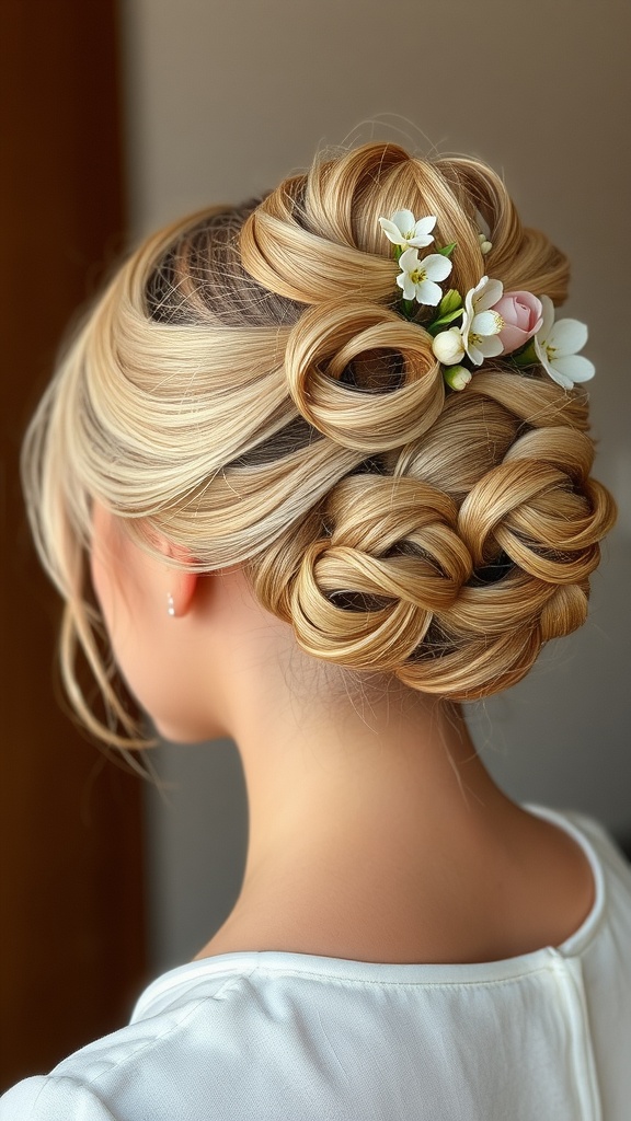 A soft updo hairstyle decorated with delicate floral accents, showcasing intricate loops and twists.