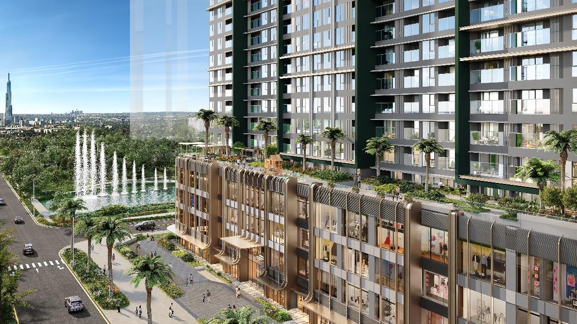 A high rise building with trees and a fountainAI-generated content may be incorrect.