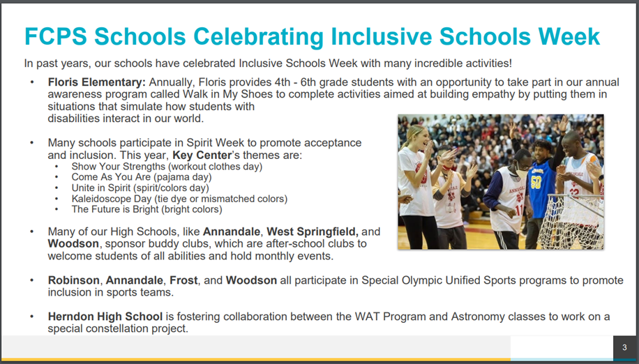 Slide from the December 5, 2024, School Board Meeting with the title FCPS Schools Celebrating Inclusive Schools Week. 