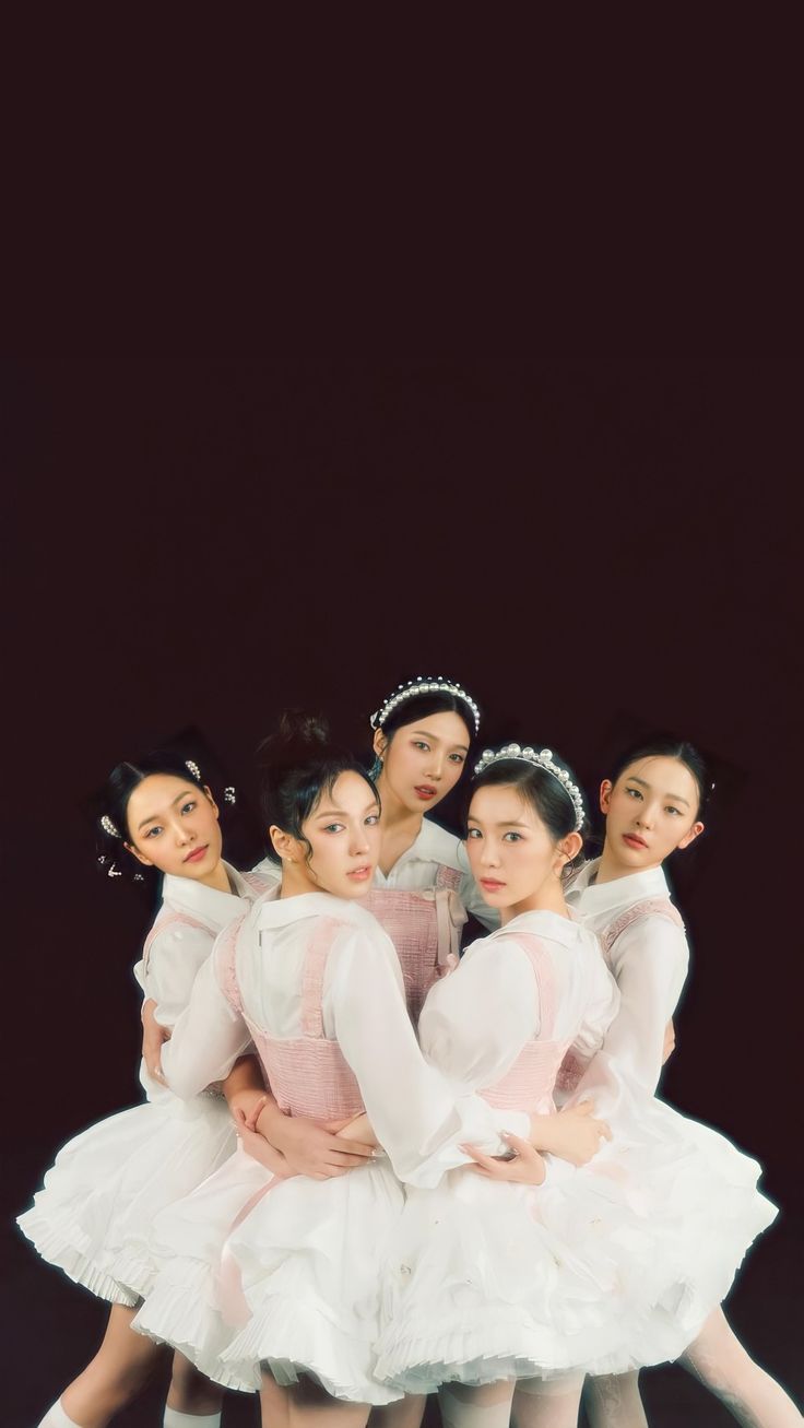 This contains an image of  Red Velvet group members five ballerinas in white tutus posing for the camera with their arms around each other