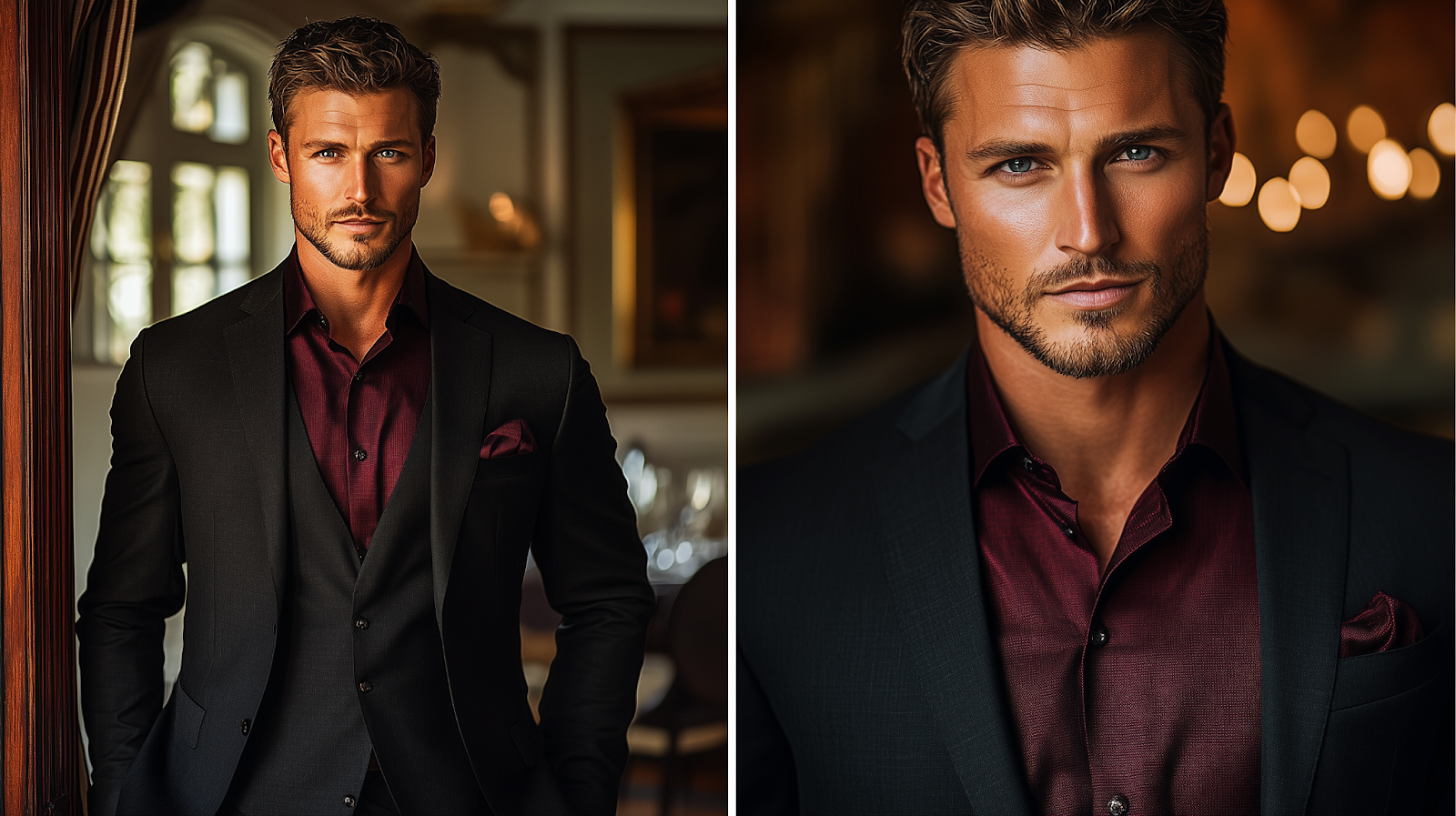 A split-screen image: On the left, a man in a black suit with a burgundy shirt, adding a touch of class and intrigue. The background features an evening event or wedding, with warm lighting setting a romantic mood. On the right, a close-up of the burgundy shirt’s fabric, with subtle folds and a carefully tucked collar. Warm, rich lighting, ultra-detailed, 8K resolution.