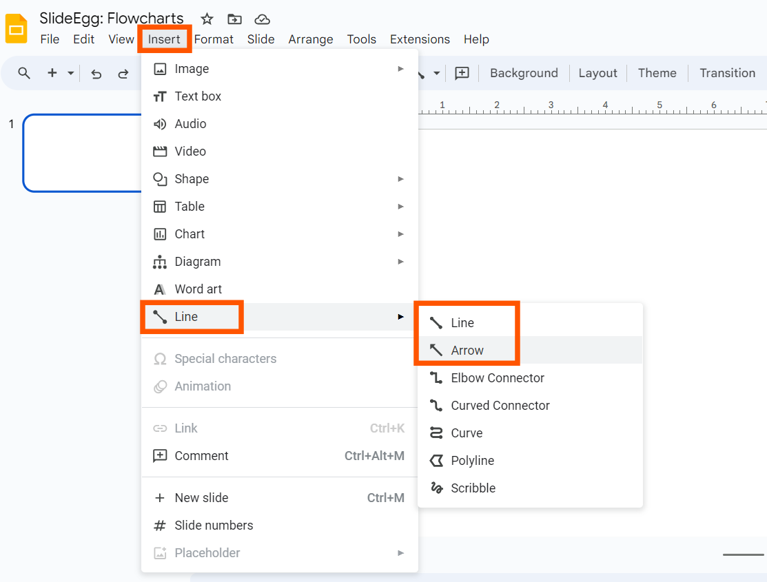 Insert > Line > Line, Arrow Options in Google Slides interface to draw the flowchart