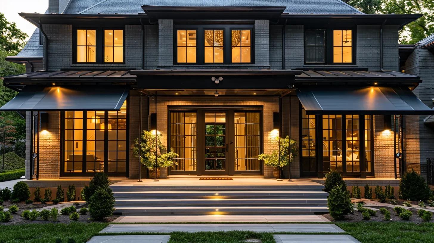 a beautifully designed residential façade showcases a sophisticated awning that harmoniously complements the architecture, enhancing the home's curb appeal with its elegant colors and textures against a modern urban setting.