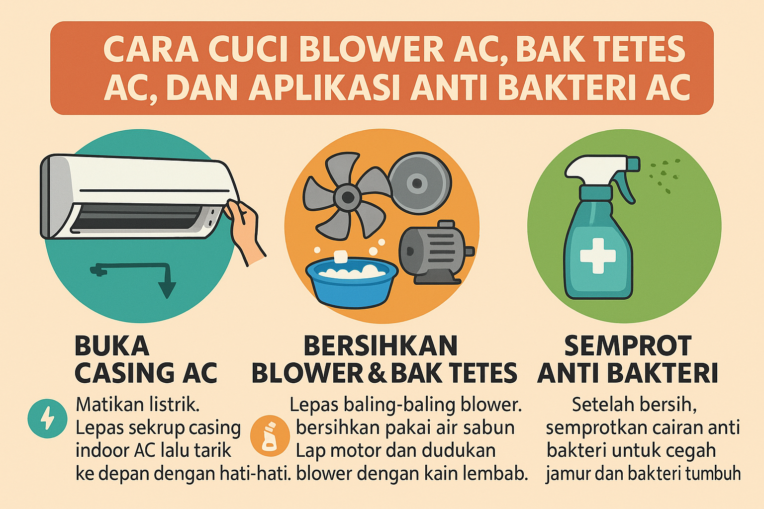 Cara Cuci Blower AC, Bak Tetes AC, dan Aplikasi Anti Bakteri AC