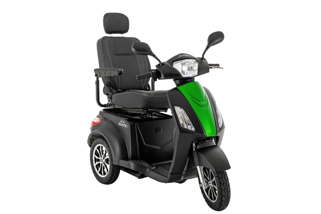 A black and green mobility scooter