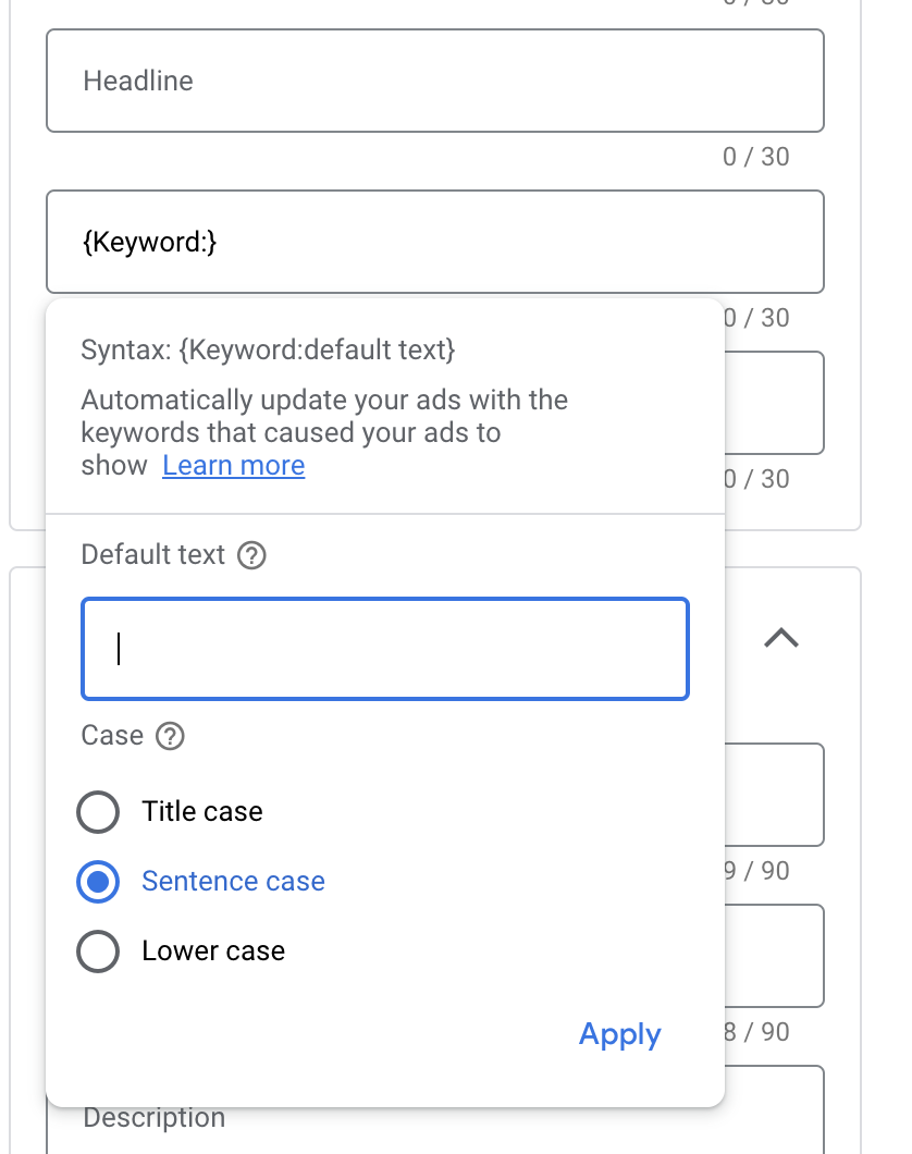 Showing the dialogue box for Dynamic Keyword Insertion.