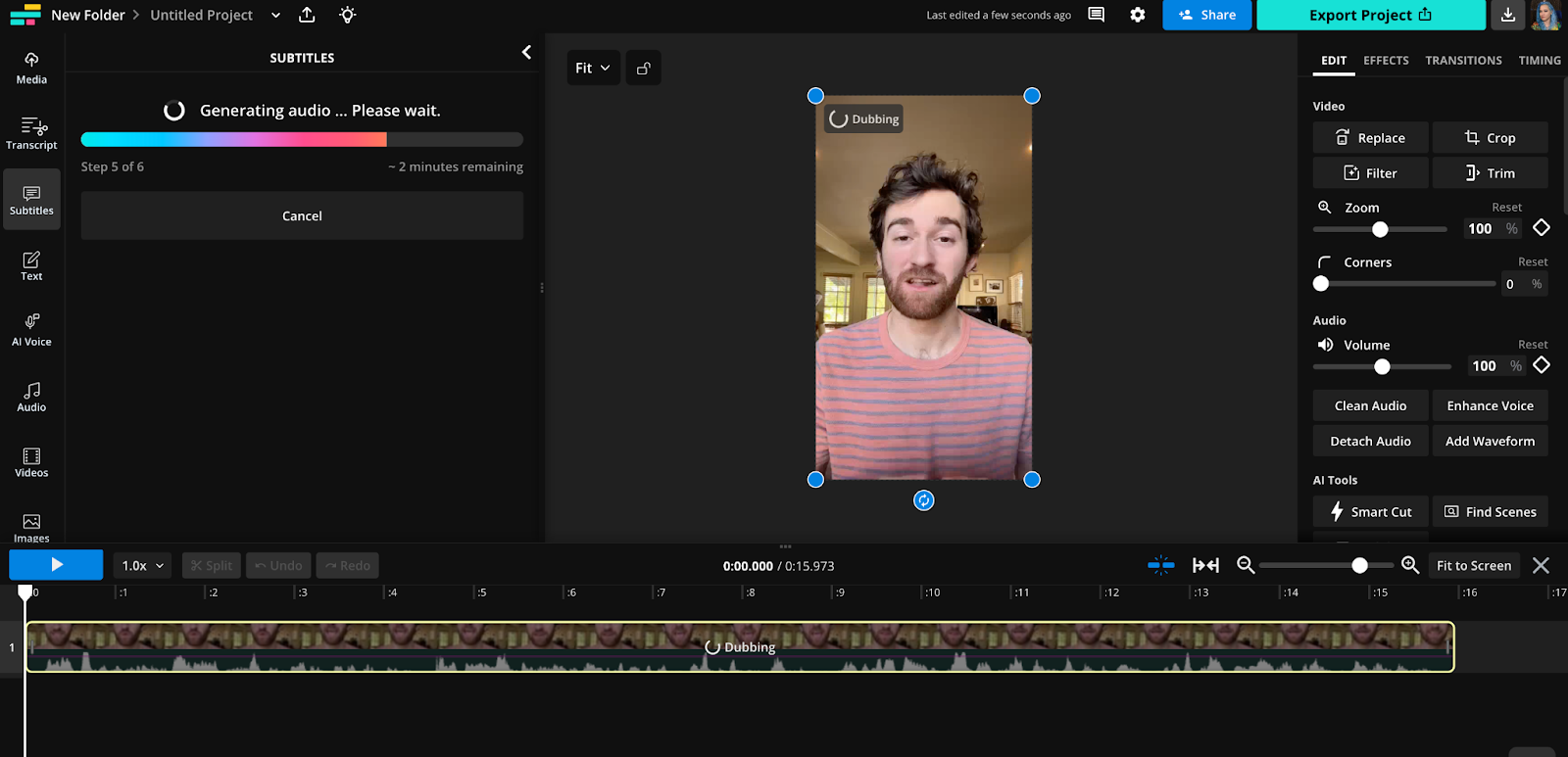 Under the "Subtitles" panel, we see a status bar that says "Generating audio... please wait."