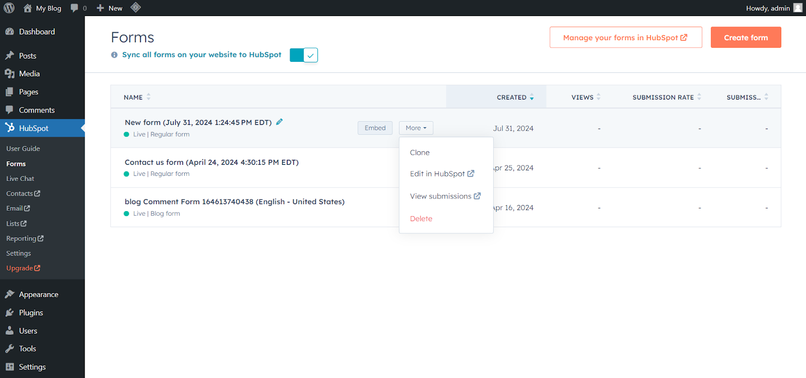 HubSpot Manage Forms