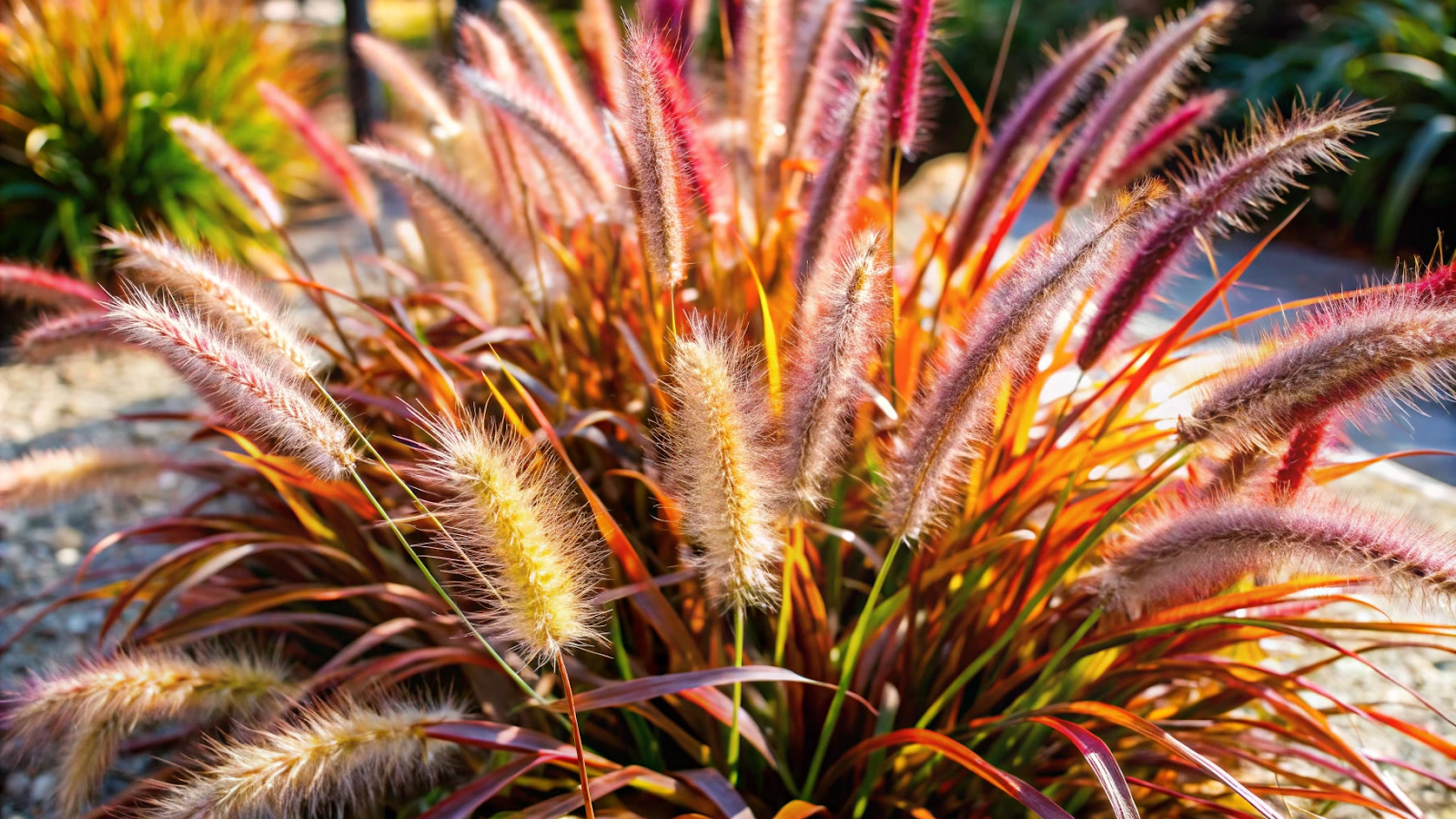 Capim do Texas Rubro em um jardim, destacando suas cores vibrantes sob luz natural