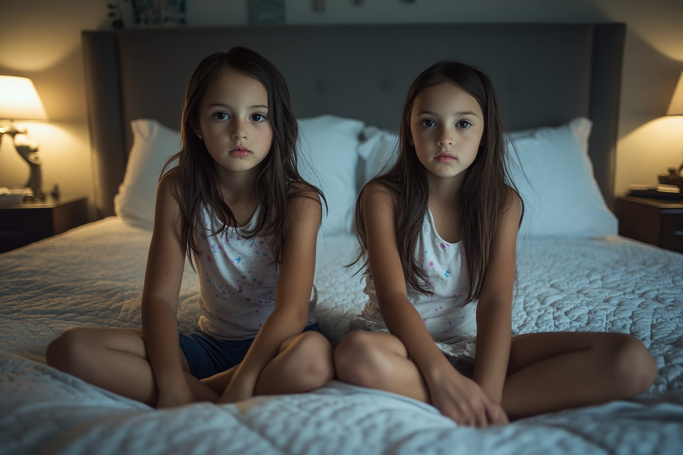 Twin ten-year-old girls sitting on a bed | Source: Midjourney