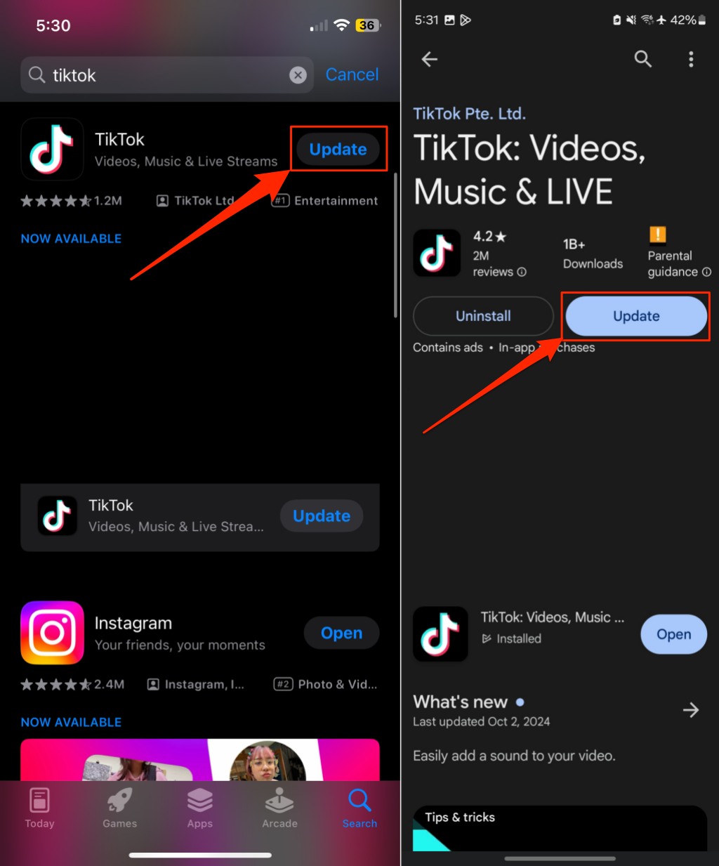 TikTok app page in the Apple App Store (left) and Google Play Store (right)