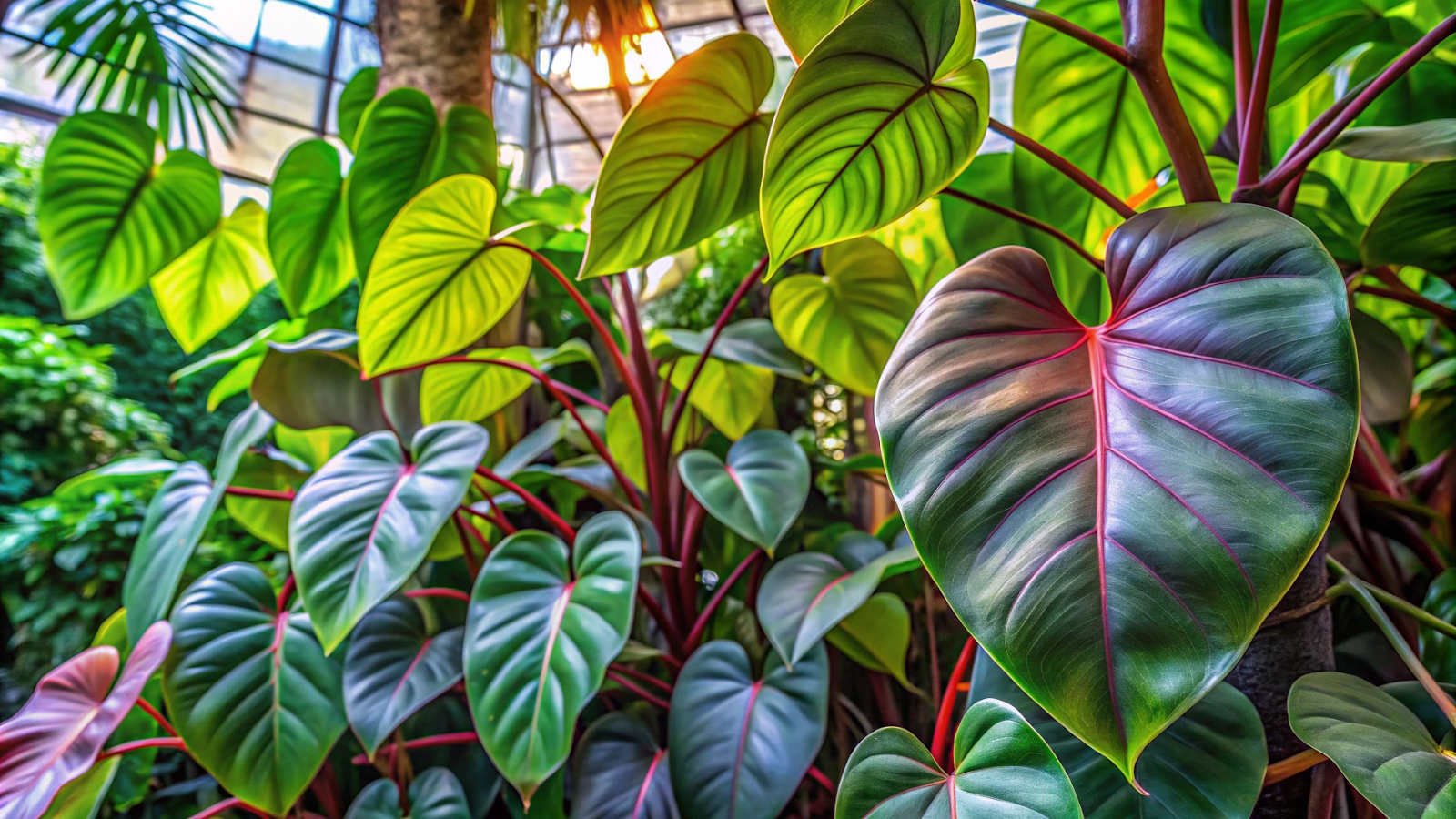 Filodendro-roxo em meio a outras plantas tropicais, capturado de um ângulo baixo com luz difusa.