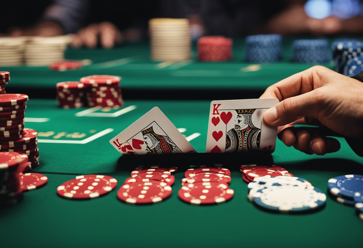 A blackjack table with cards and chips, dealer's hand dealing cards to players, and a player's hand holding cards