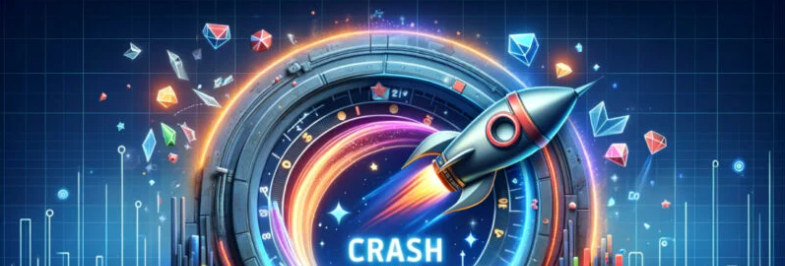 Palavra “crash” com apresentação futurista e elementos de crash games.