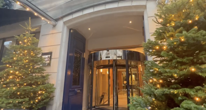 Entrance to the Hyatt Paris Madeleine during Christmas time. 