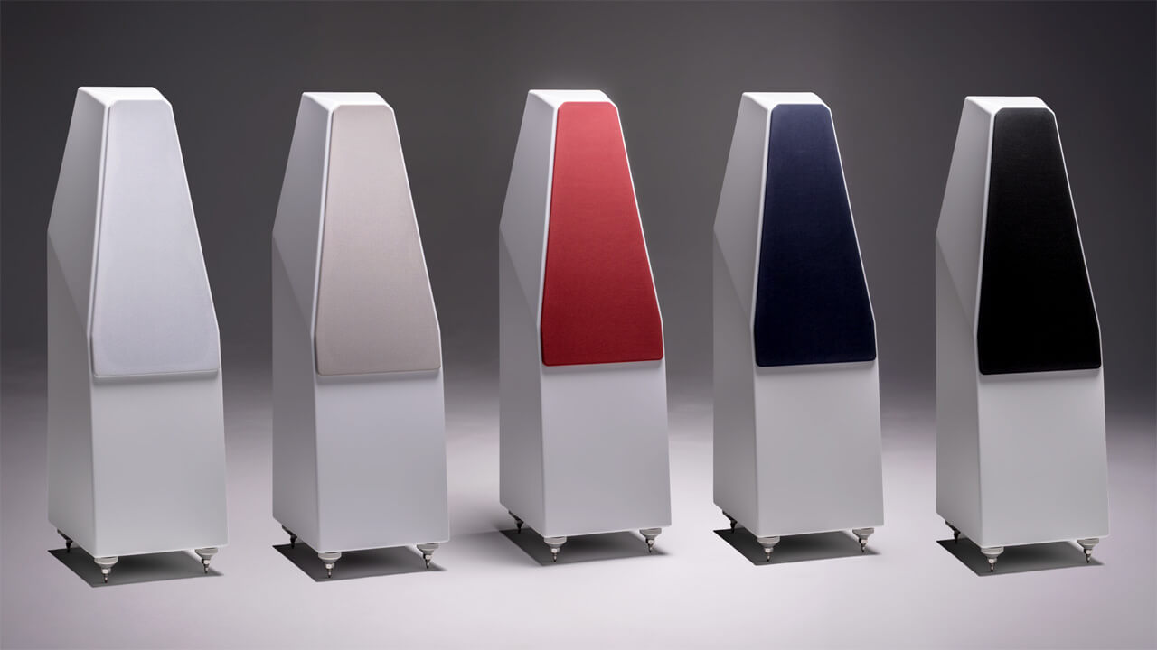 Wilson Audio Sabrina V in five finishes: Galaxy Gray, GT Silver, Quartz, Carbon, and a new Saffron Pearl.