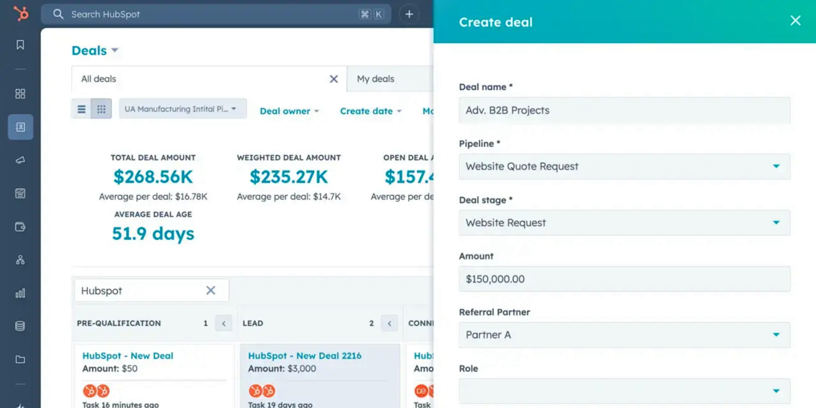 HubSpot interface displaying deal creation and management, a key feature of its account-based marketing software.