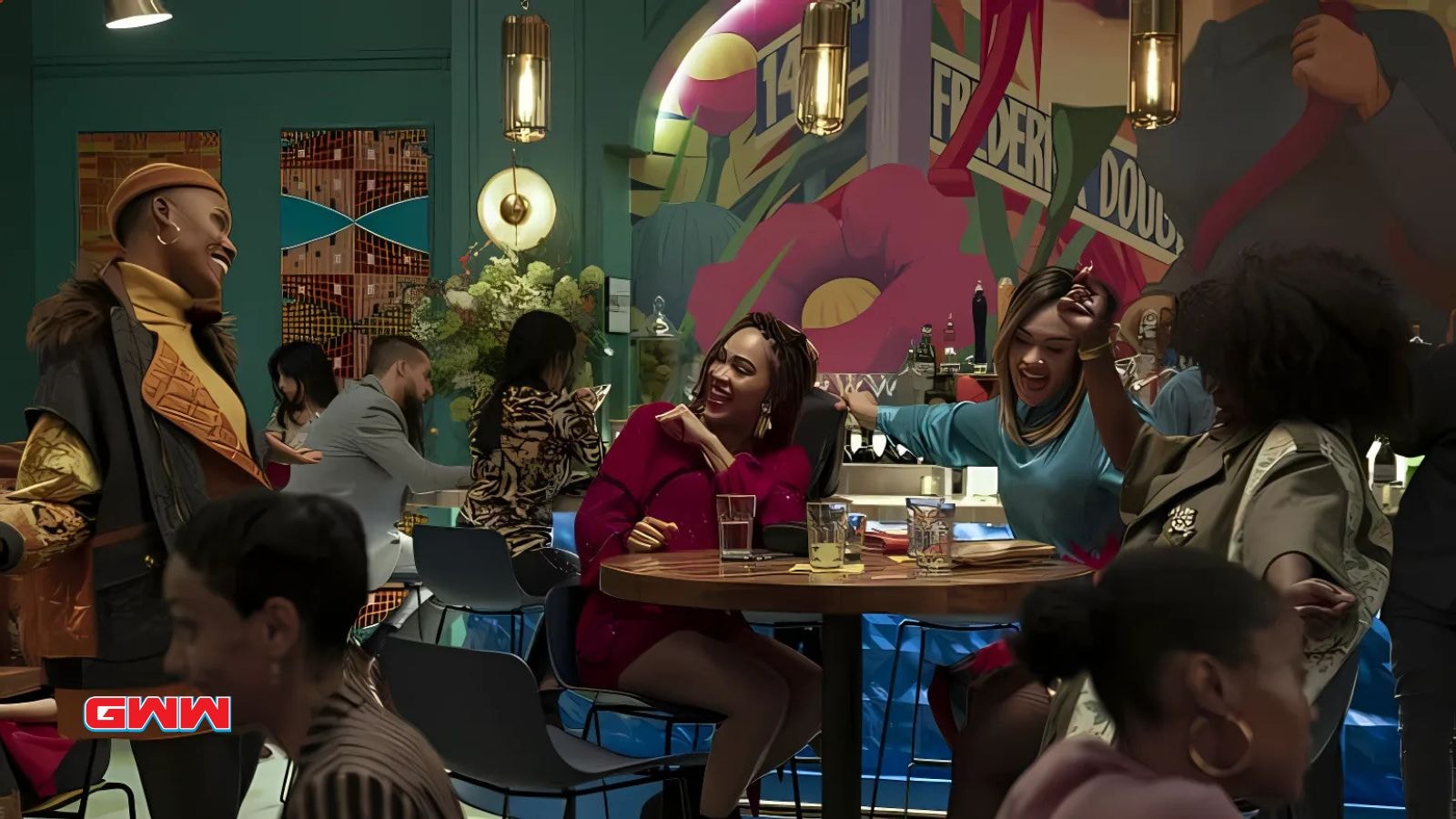 Meagan Good, Grace Byers, and Jerrie Johnson enjoying Harlem Season 3 scenes