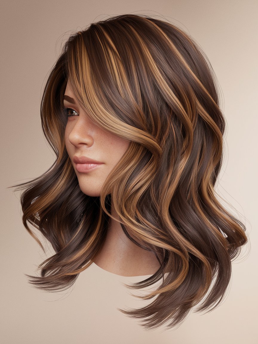 30. Chestnut Brown with Caramel Blonde Highlights