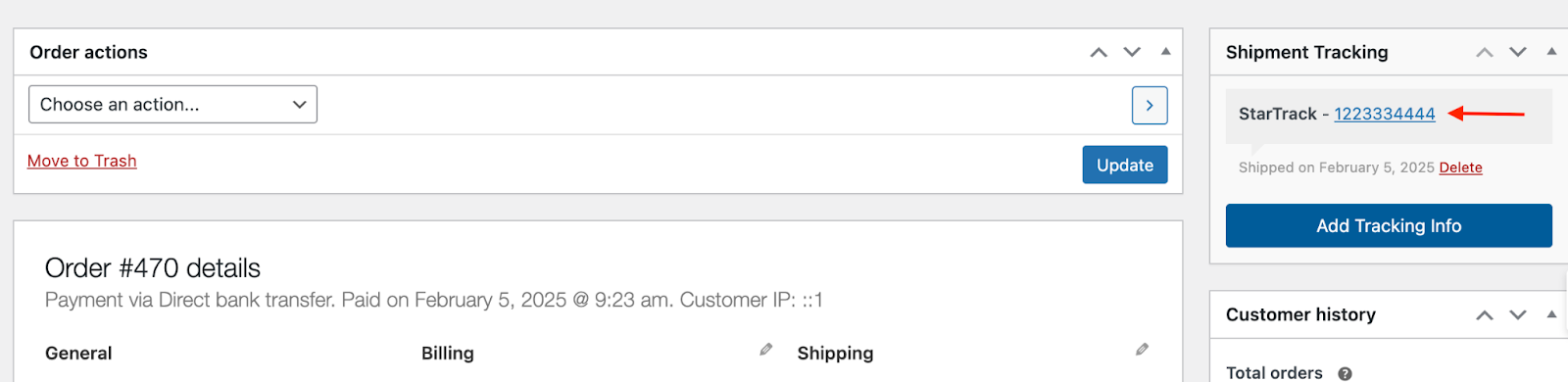 add tracking number link to woocommerce