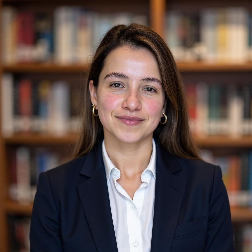 A woman's headshot having bookshelves as background