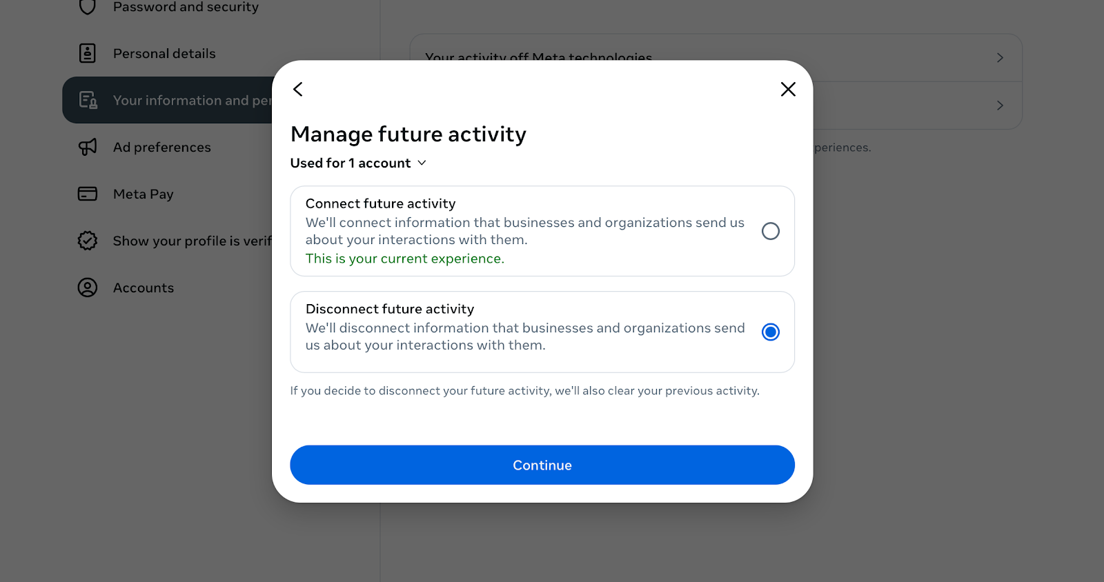 A screenshot of the "Manage future activity" setting with the "Disconnect future activity" option selected