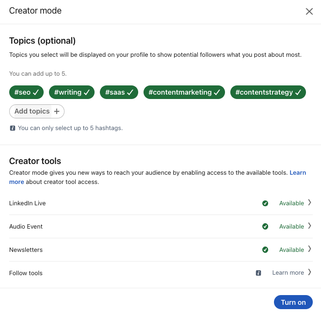 Screenshot of LinkedIn creator mode settings and the optional ability to select topics or hashtags to add to your profile.