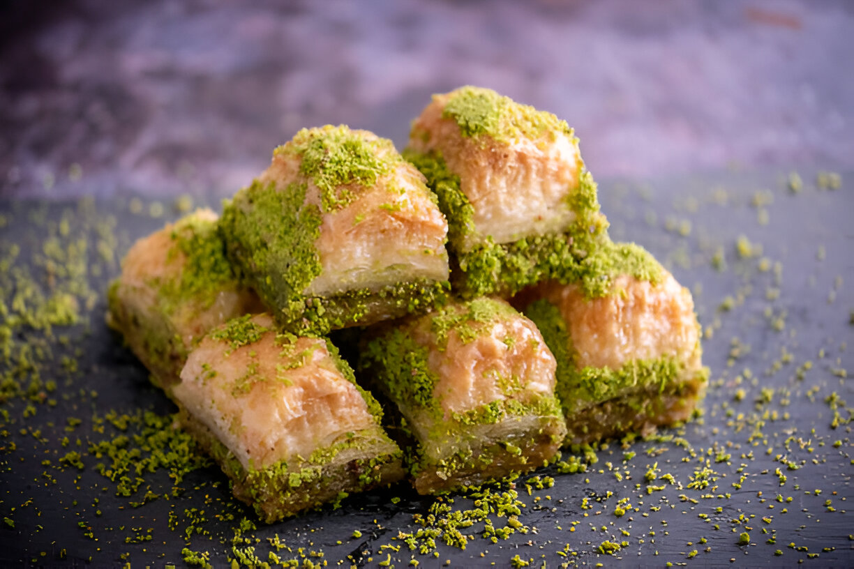Baklava Turki yang dibuat menggunakan kacang pistachio.