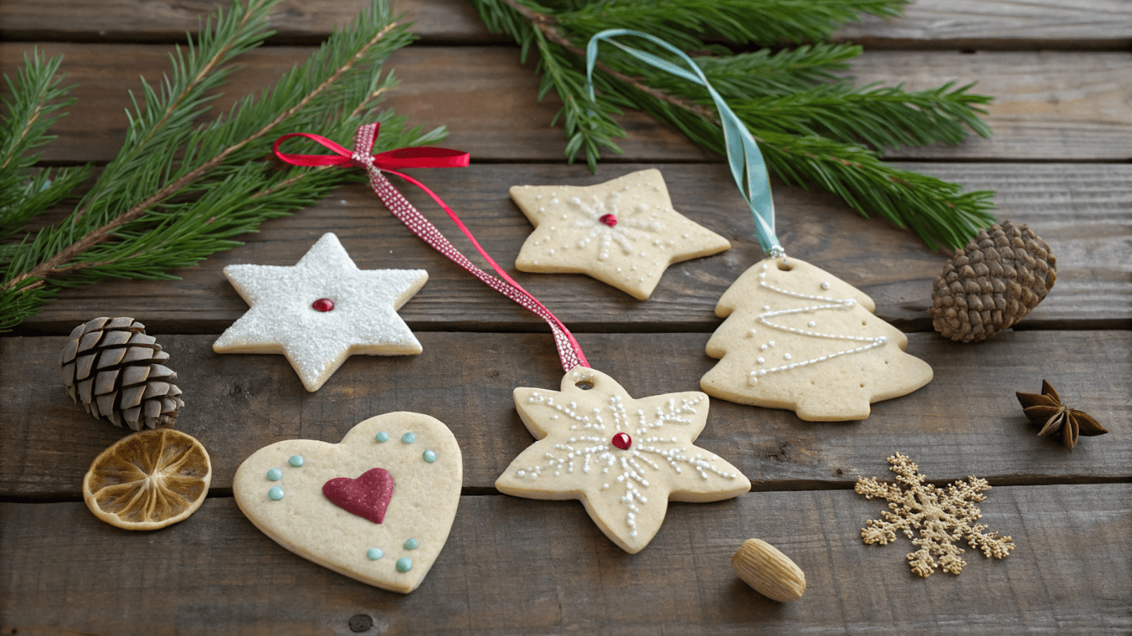 Handmade salt dough ornaments arranged on a rustic wooden table