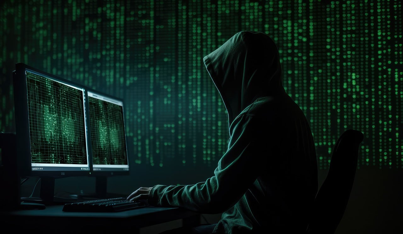 A digital image of a hooded figure at a desk with dual monitors displaying green code, set against a background of cascading green digital text.