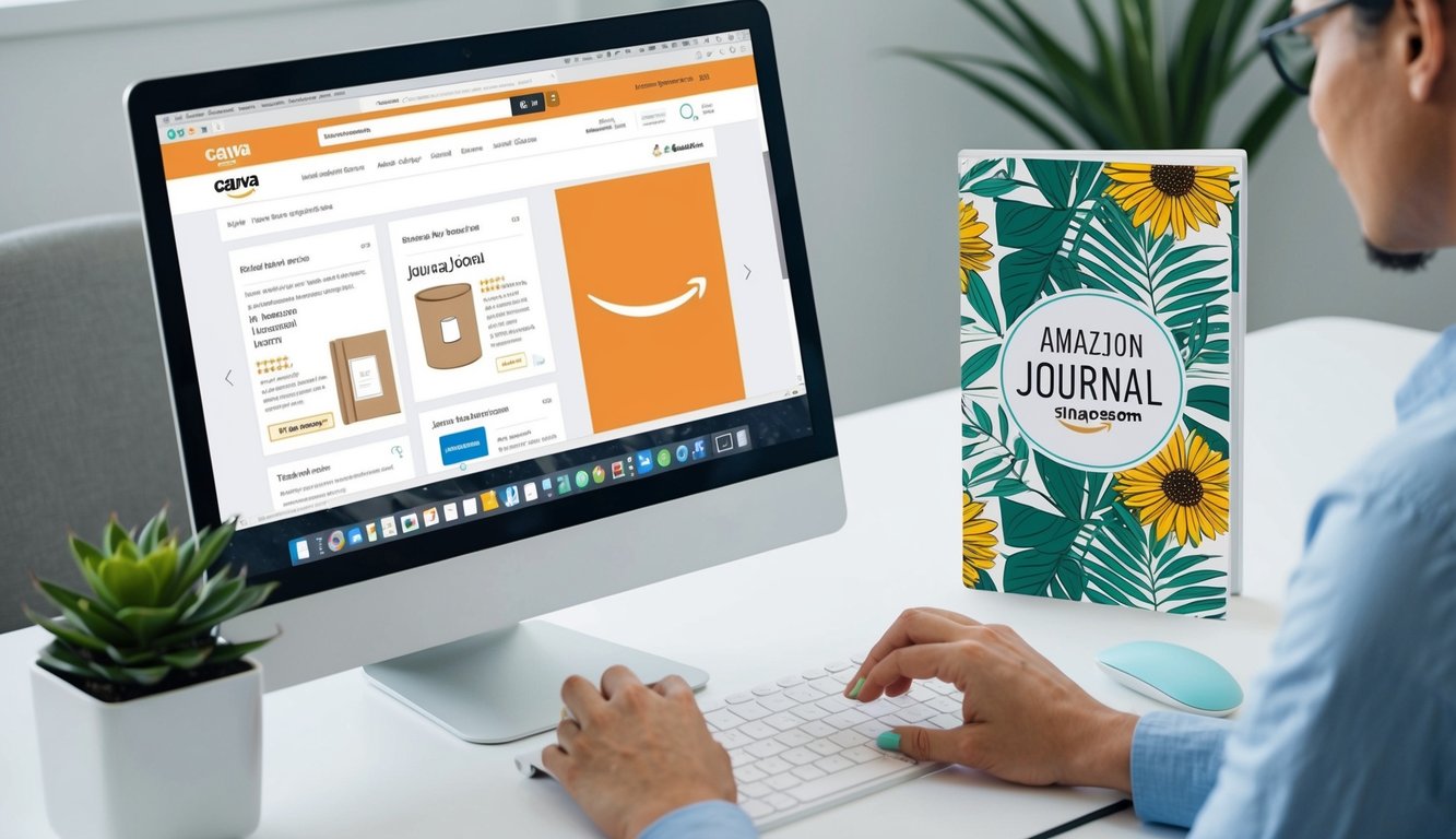 A person creating journal cover designs on a computer using Canva, with Amazon's website open on the screen for reference