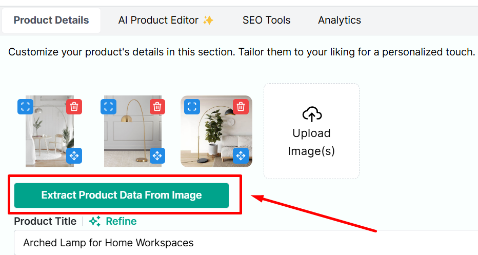 Describely's "Extract Product Data From Image" feature