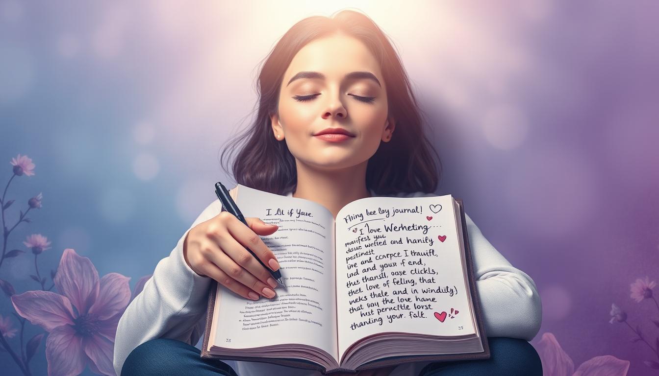 An image of a person peacefully sitting in front of a journal, with closed eyes and a serene expression on their face. Their hands are laying on the journal, one holding a pen while the other is resting, and a soft light surrounds them as they focus on manifesting the love of their life through their writing. The journal is open to a page containing affirmations, drawing and words that evoke strong feelings of love and gratitude. The background is a soothing shade of blue and purple, with floral patterns that represent growth and new beginnings.