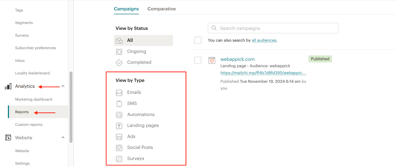 MailChimp performance report of SMS, email, landing pages