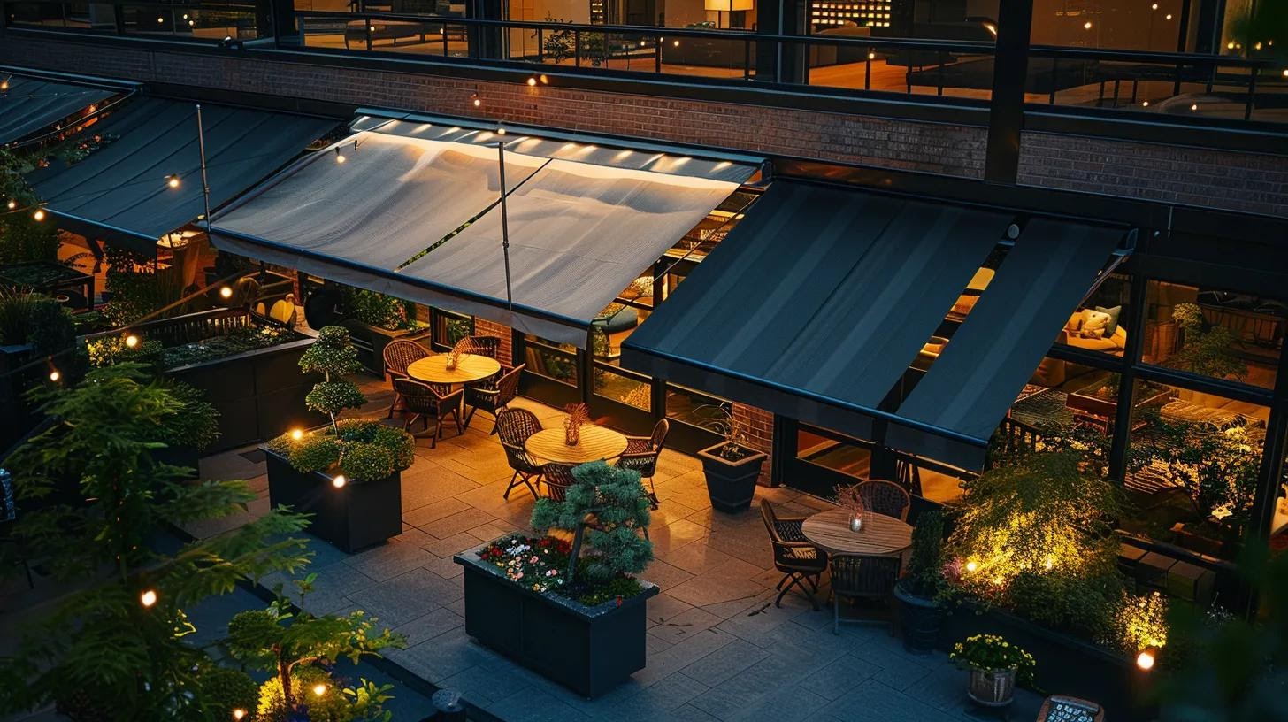 a stylish residential patio featuring a variety of elegantly designed awnings in complementary colors that enhance the architectural beauty of the home, set against a backdrop of modern urban architecture.