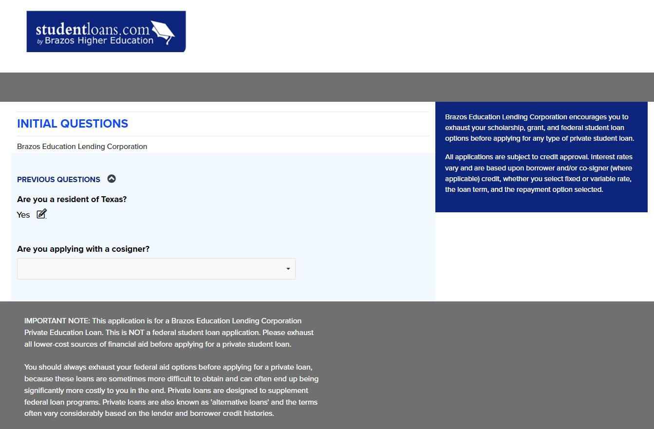 A screenshot showing some initial eligibility questions present in Brazos' online application