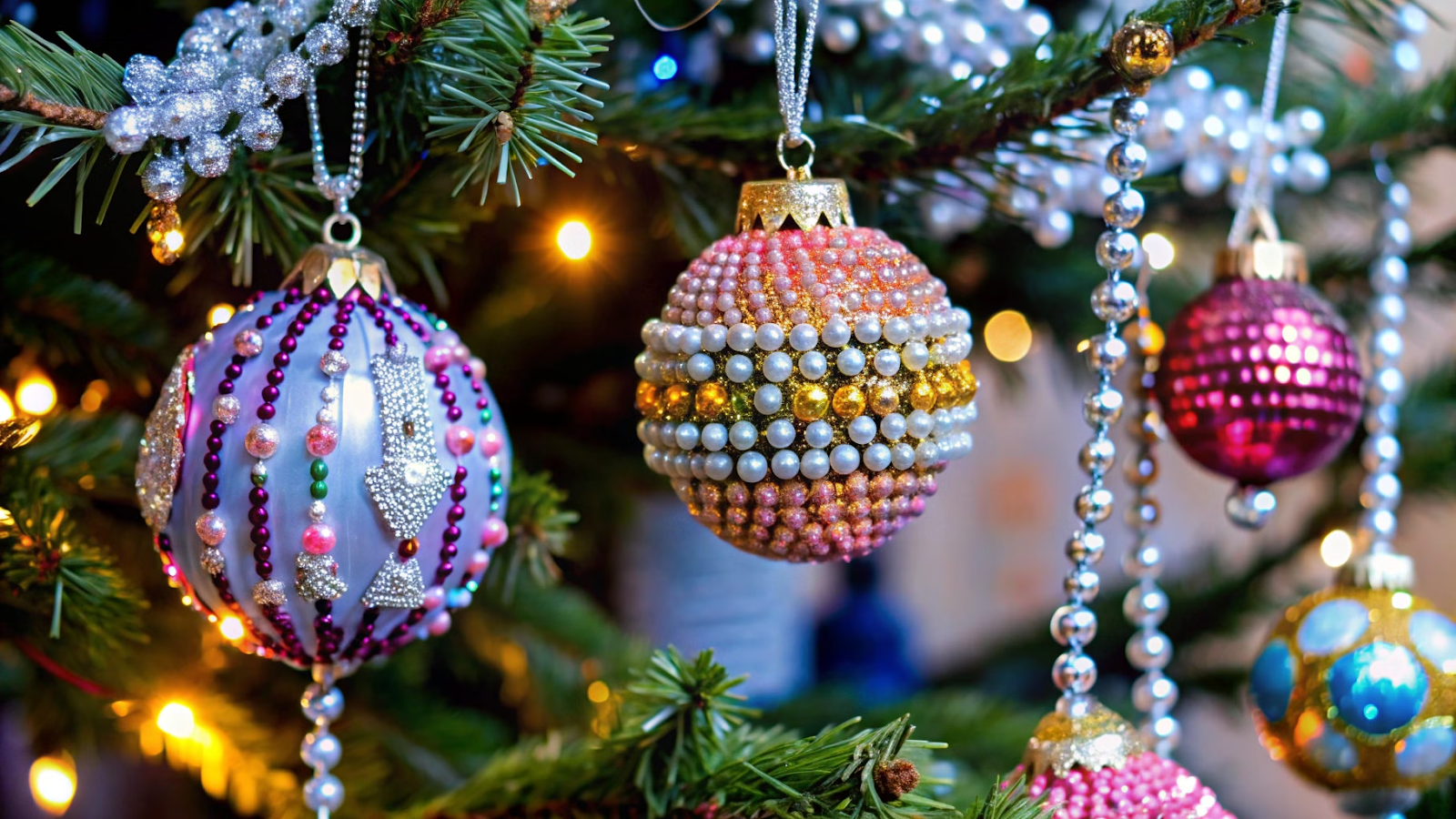 Enfeites de Natal feitos com pedrarias pendurados em uma árvore de Natal decorada.