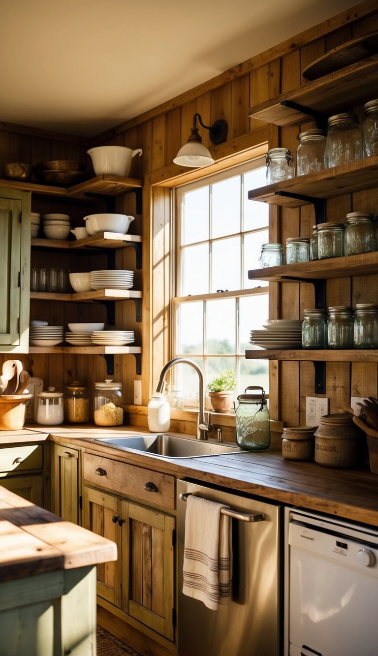 A cozy farmhouse kitchen with reclaimed wood shelving, filled with rustic dishes, mason jars, and vintage kitchenware. Sunlight streams through the window, casting warm shadows on the worn wooden surfaces