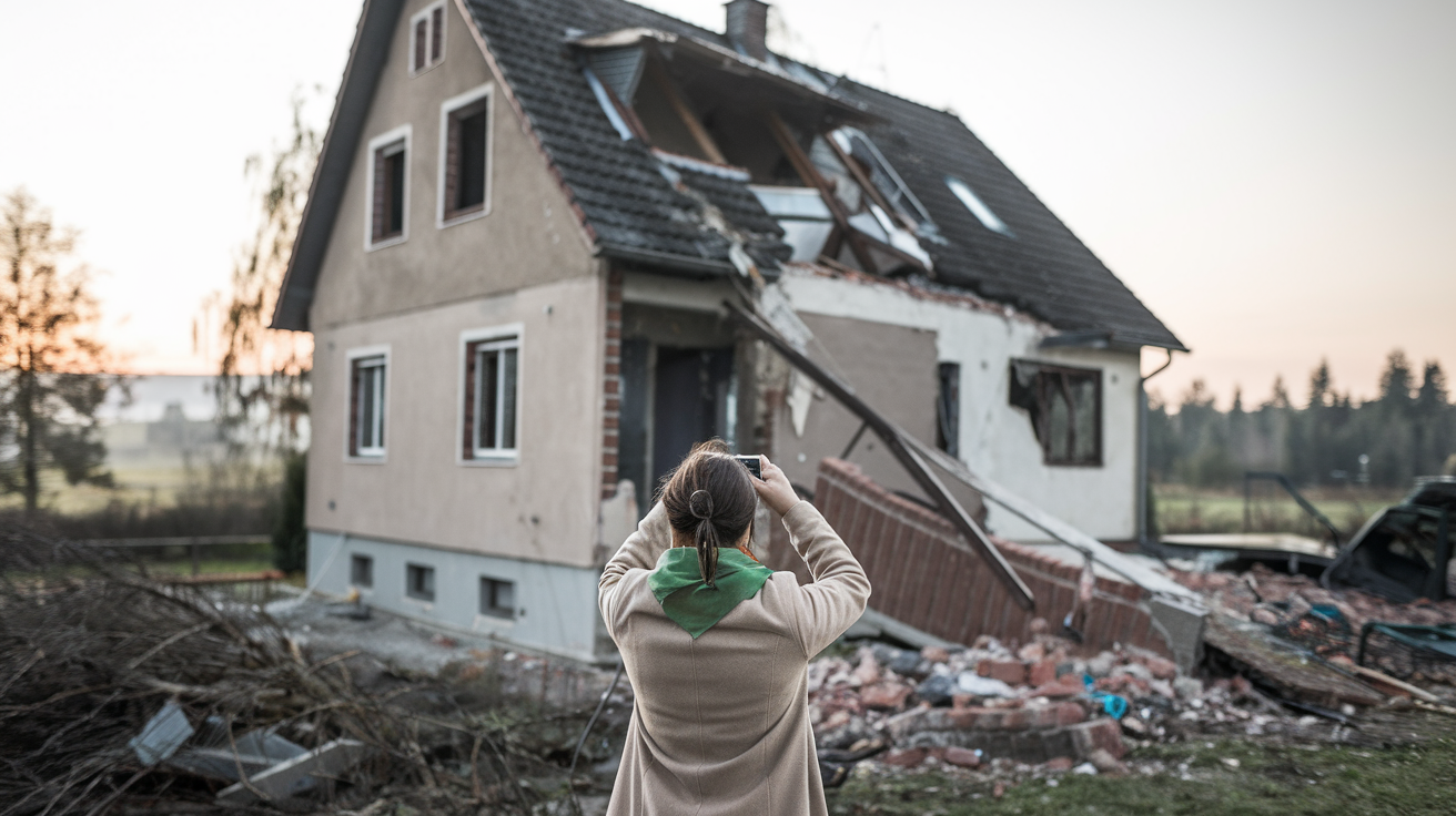 an image of woman taking photos of the damage to there house