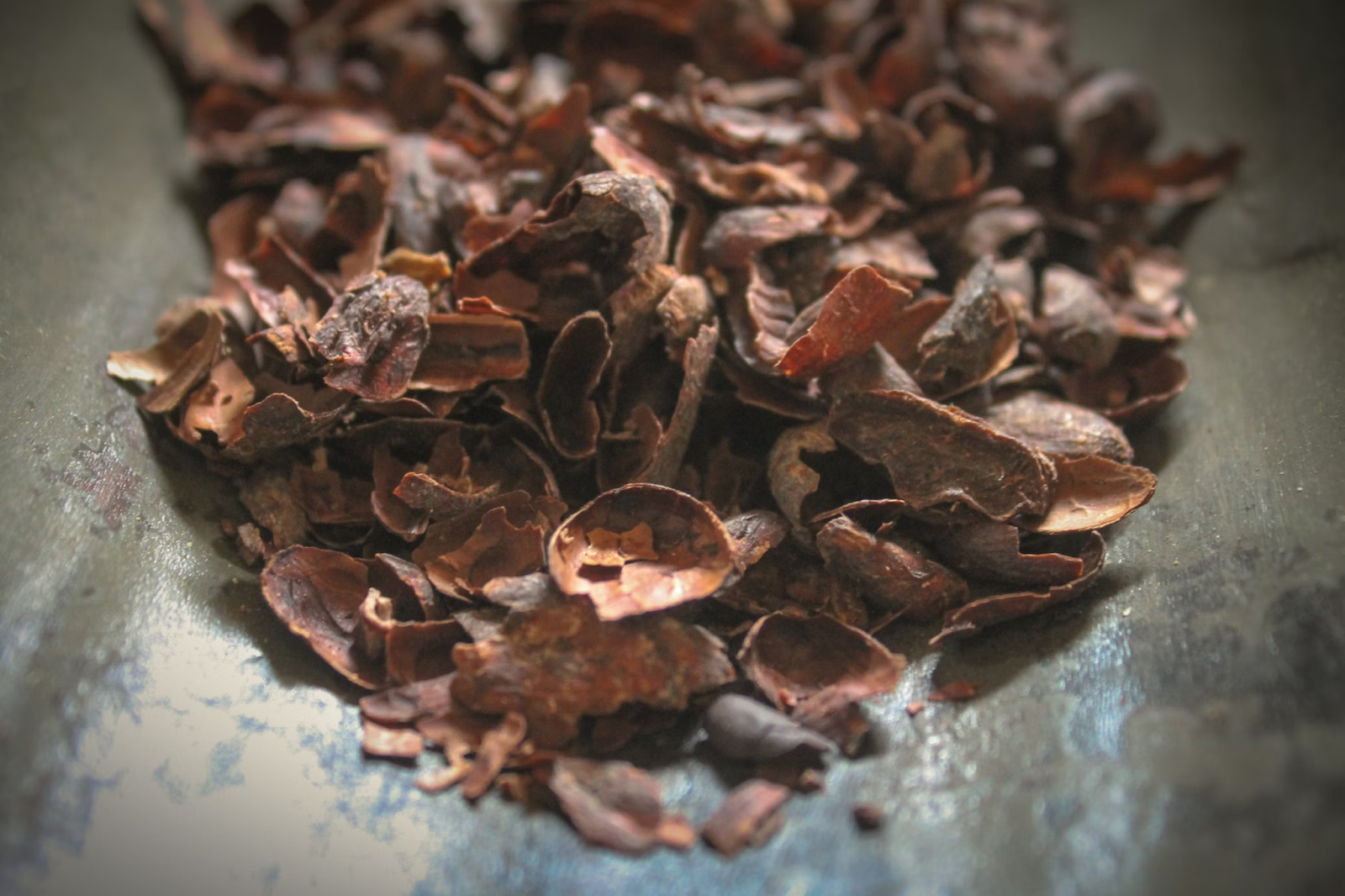 Pile of cocoa hulls displayed on a table.
