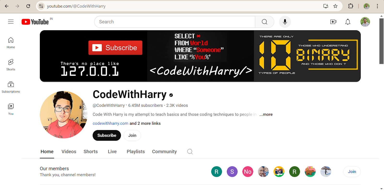 CodeWithHarry YouTube Channel