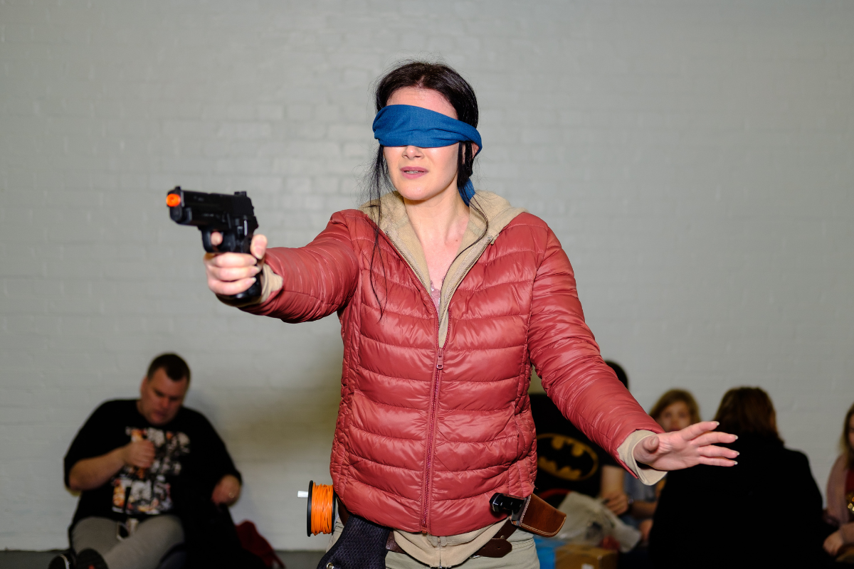 A lady in Bird Box challenge- Moment marketing example