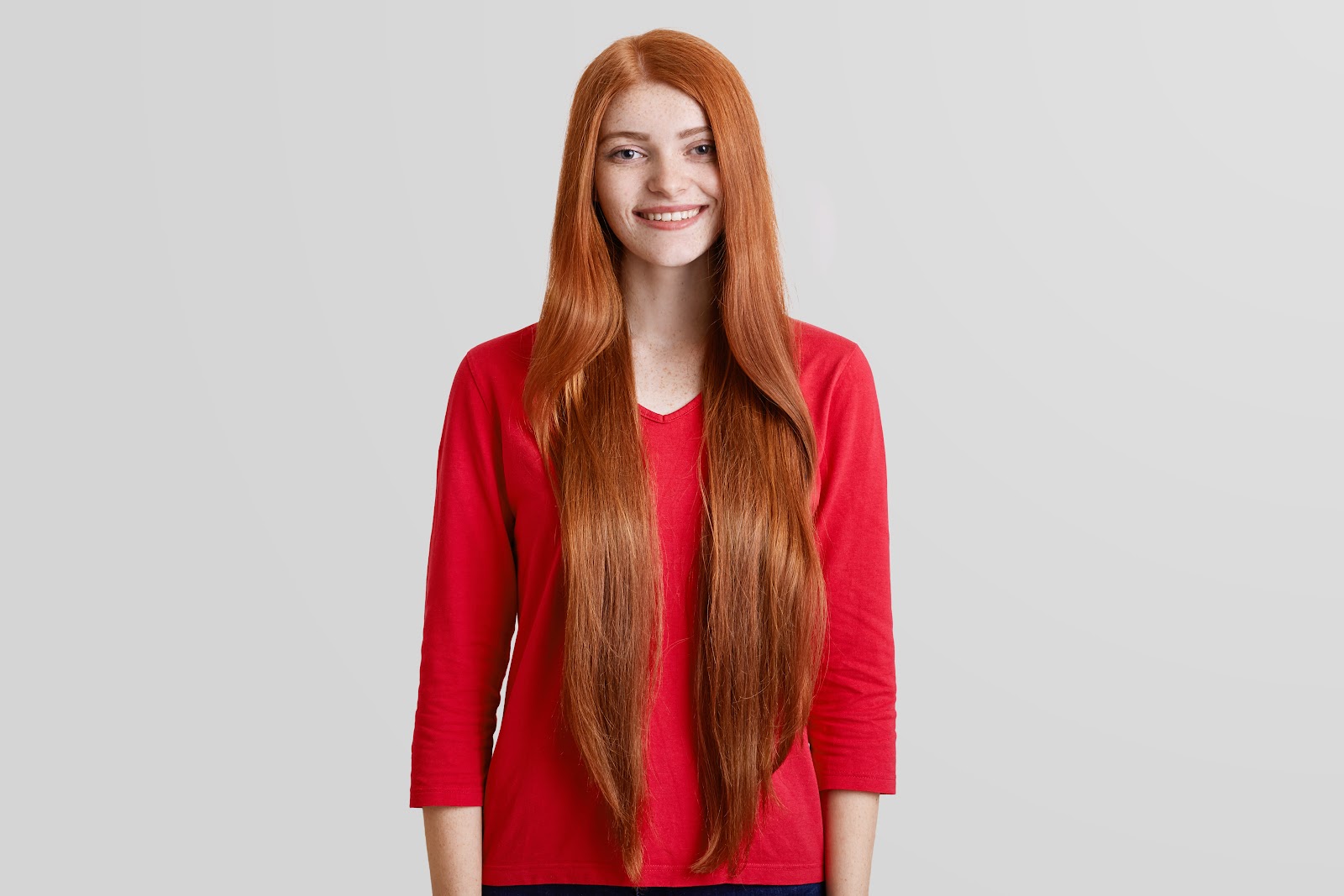 Cheerful woman with long hair