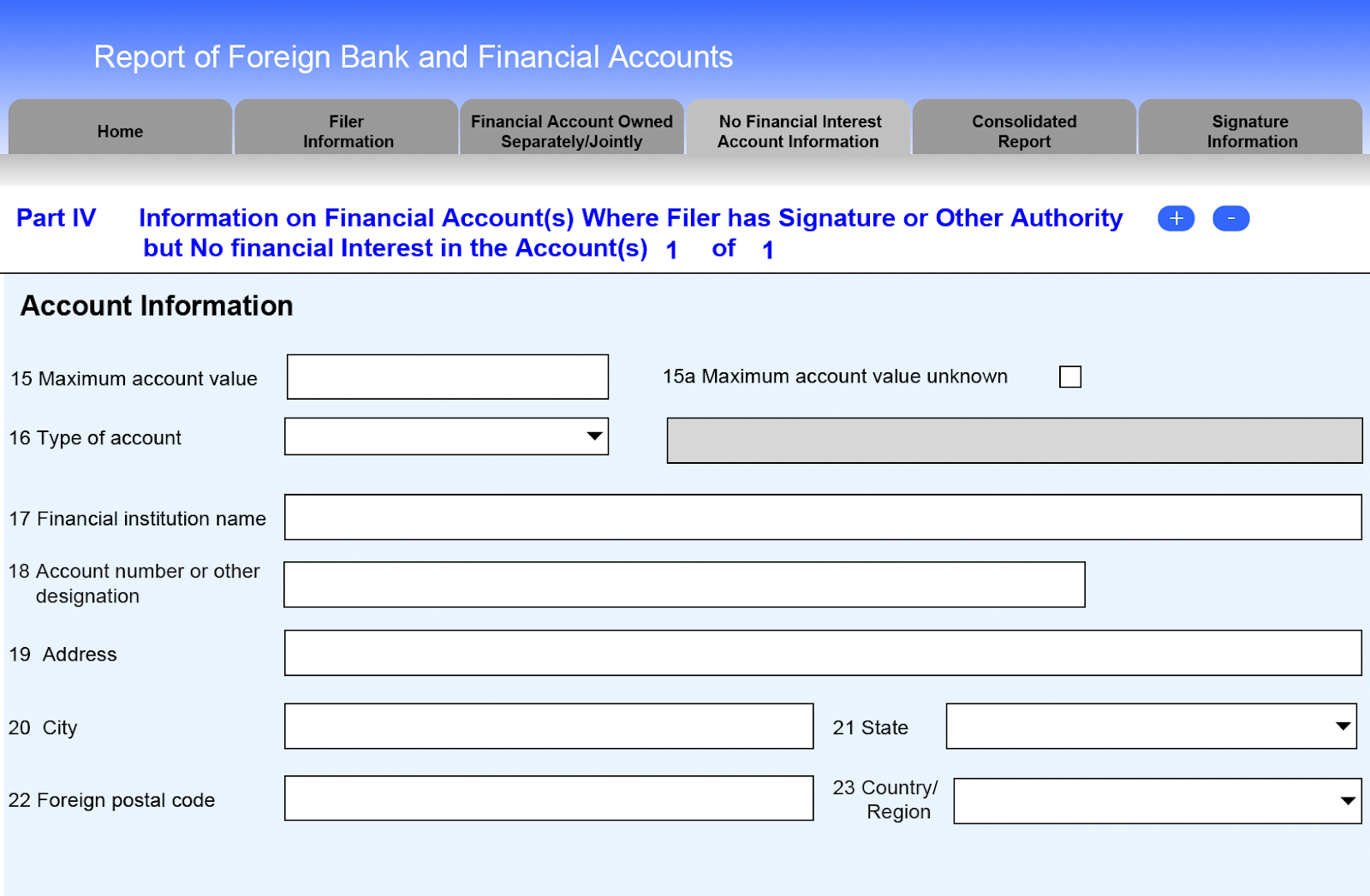 A screenshot of the "Account Information" section of Part IV: Information on Financial Account(s) Where Filer has Signature or Other Authority but No financial Interest in the Account(s) on the FBAR.