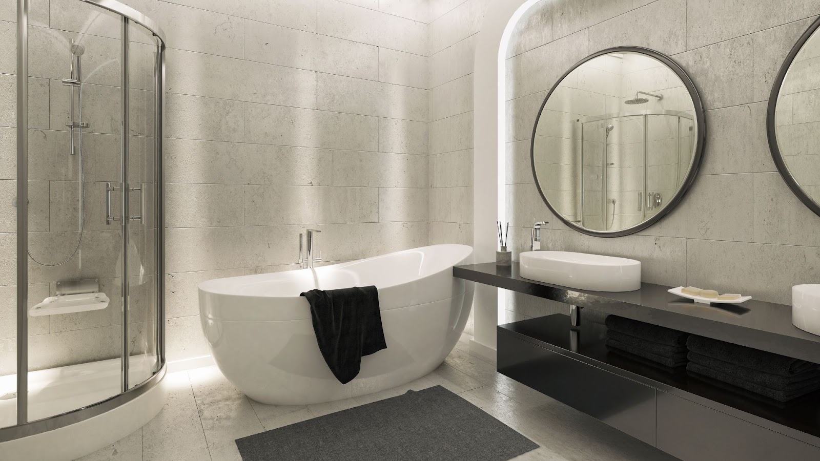 Modern bathroom with a freestanding bathtub, large circular mirrors, and a glass-enclosed shower.