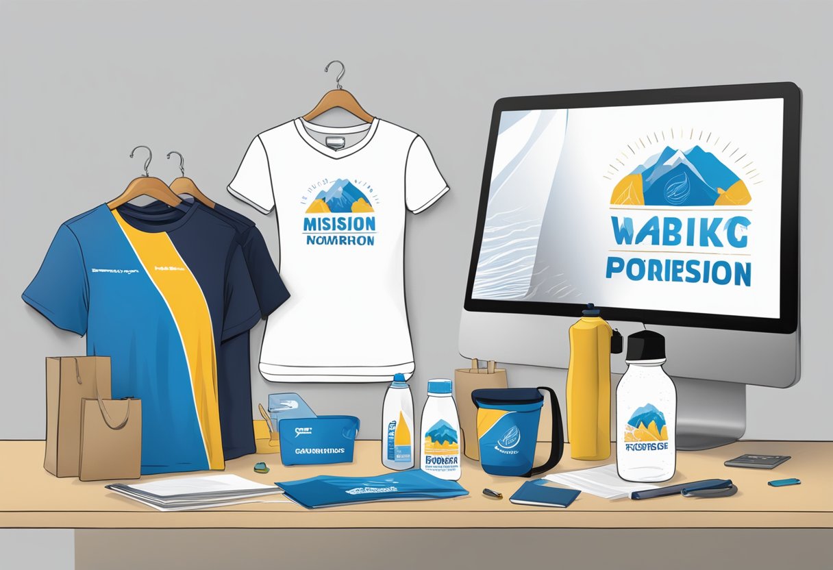 A table with branded merchandise like t-shirts, water bottles, and tote bags, displayed with a backdrop of the nonprofit's logo and mission statement