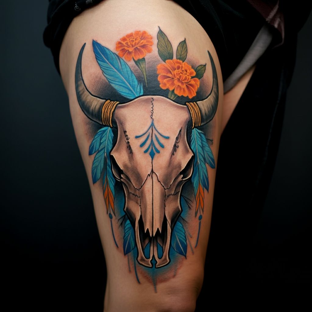 Cow Skull Tattoo on thigh