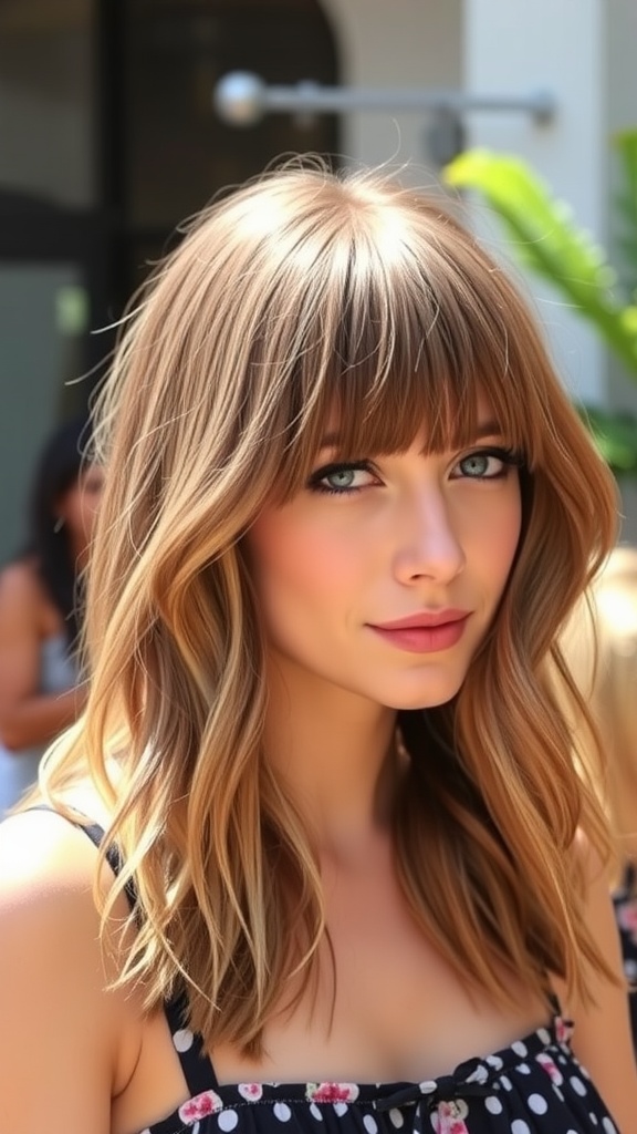 A woman with layered hair and bangs, smiling softly.