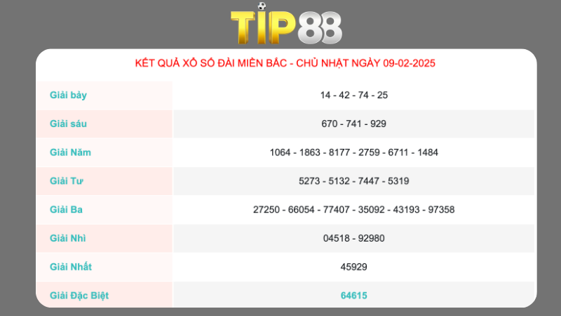 Kết quả xổ số miền Bắc ngày 09/02/2025