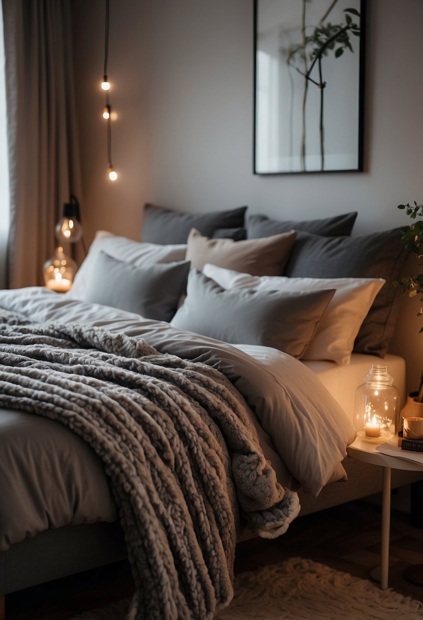 A cozy bedroom with a fluffy throw blanket draped over a neatly made bed, surrounded by soft pillows and warm lighting